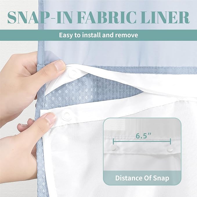 FrostBlue Long No Hook Waffle Weave Shower Curtain with snap-in Liner Replacement, 230GSM Waterproof Fabric Hotel Shower Curtain Set for Bathroom, Through Mesh Top Window,71Wx80H