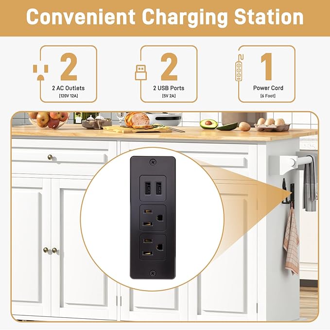 63" Movable Kitchen Island with Drop Leaf and Power Outlet, Rolling Island Cart w/Storage Cabinet, Island Table on Wheels for Kitchen w/2 Drawers, Spice Rack, Towel Bar, Garage Hook, White