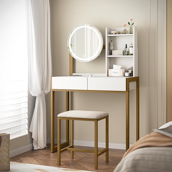 Small Vanity Desk with Mirror and Lights, Makeup Vanity Table with LED Mirror, 3 Lighting Modes, Power Outlet, Drawer, Open Shelves and Cushioned Stool for Bedroom (Gold)