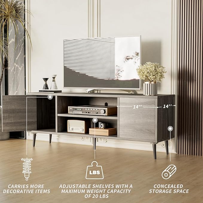 JUMMICO TV Stand for 65 Inch TV, Mid Century Modern TV Stand, Entertainment Center with Storage Cabinet and Open Shelves, TV Console Table Media Cabinet for Living Room, Bedroom and Office (Gray)