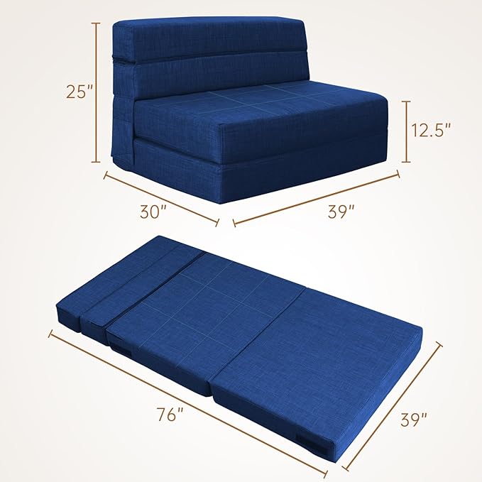 Folding Sofa Bed Couch Memory Foam with Pillow Sleeper Chair Lazy Couch Twin Size Futon Convertible Guest Beds,Washable Cover,Dark Blue
