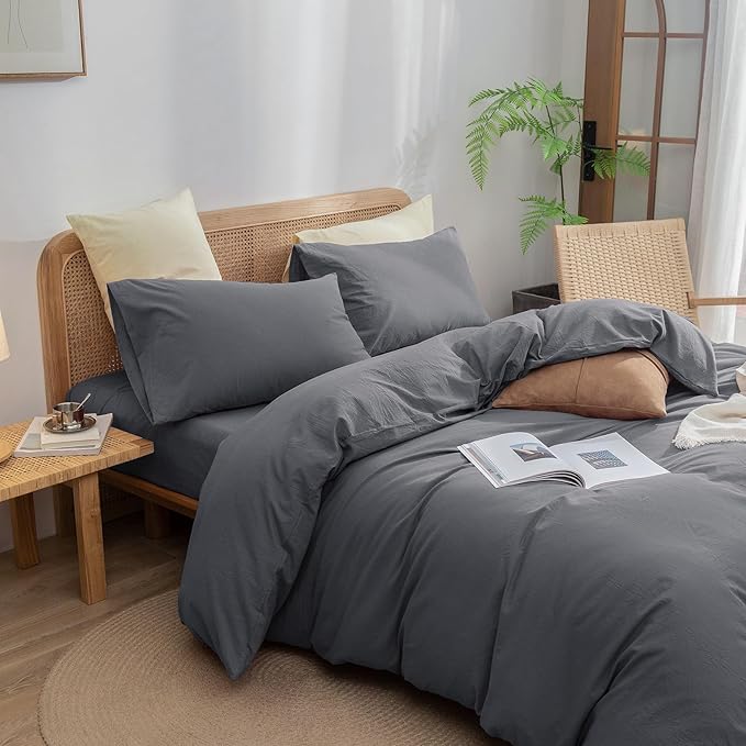 BESTOUCH Duvet Cover Set 100% Washed Cotton Linen Feel Super Soft Comfortable Chic Lightweight 3 PCs Home Bedding Set Solid Quiet Shade Grey Oversized King