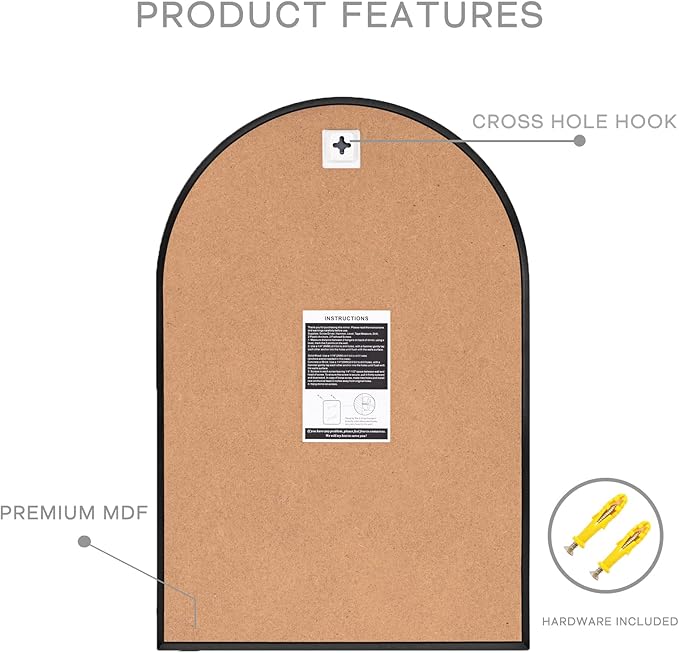 Arched Wall Mirror for Bathroom, 24"x36" Black Modern Metal Frame for Entryway Living Room Bedroom Wall Decor