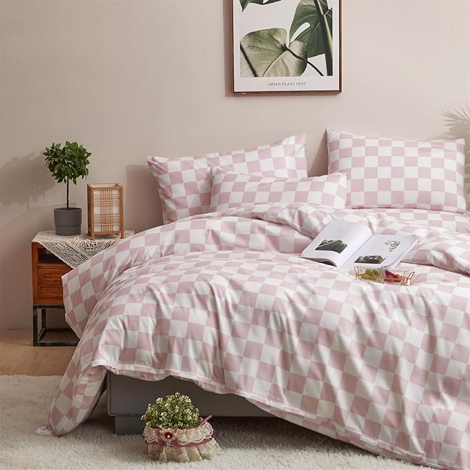 CLOTHKNOW Pink White Plaid Twin/Twin XL Comforter Set 3Pcs Grid Bedding Comforter Sets All Season Soft Checker Comforters with 2 x Pillow Cases