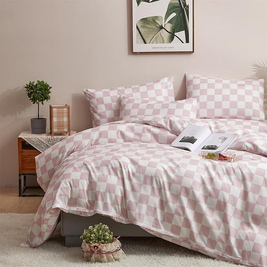 CLOTHKNOW Pink White Plaid Twin/Twin XL Comforter Set 3Pcs Grid Bedding Comforter Sets All Season Soft Checker Comforters with 2 x Pillow Cases