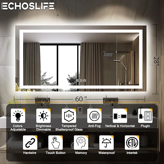 60"x28" LED Bathroom Mirror for Wall, Front and Backlit, Anti-Fog Vanity With Lights, Stepless Dimmable, 3 Colors Smart (Horizontal/Vertical)