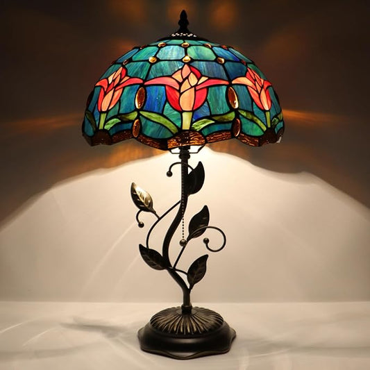 Tiffany Table Lamp, Stained Glass Desk Light, W12H19 Inch, Metal Leaf Base (Tulip Style)
