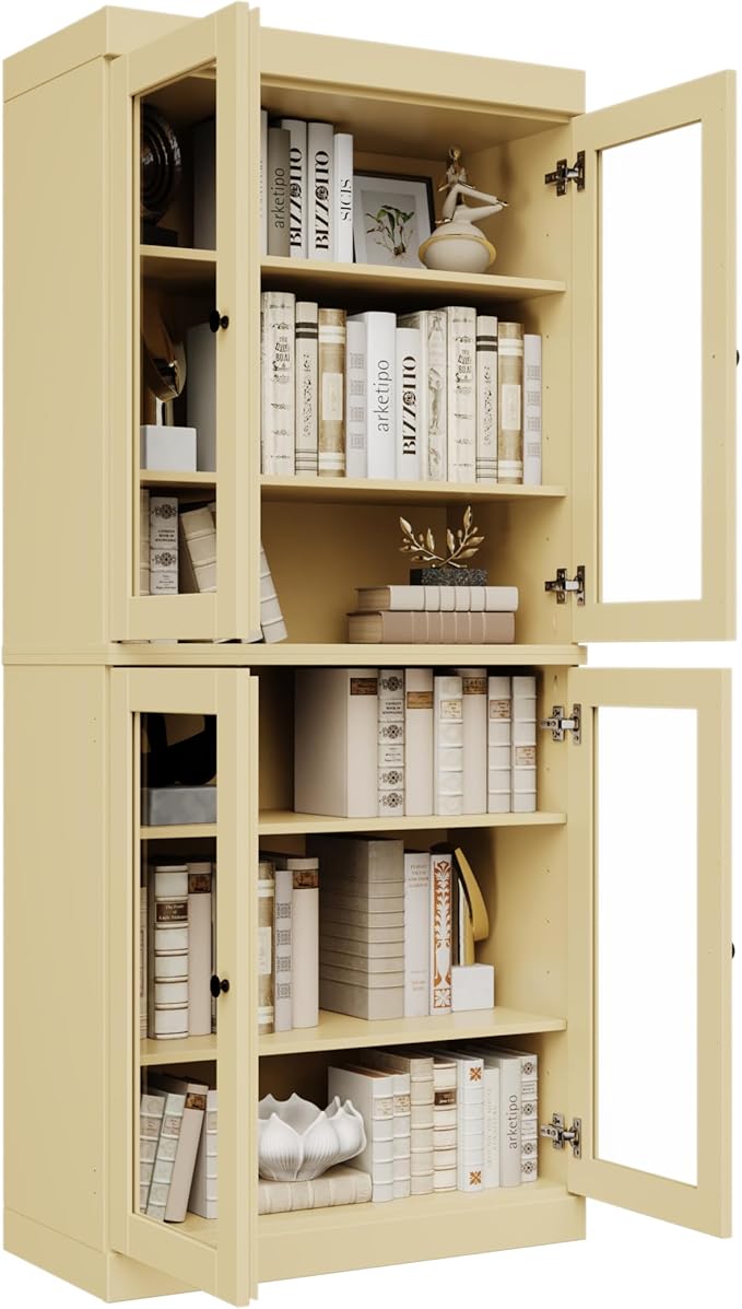 Palace Imports Solid Wood Bookcase - 6-Tier Tall Bookshelf, 71.5” H x 32” W - Yellow, Clear Glass Cabinet Doors & Adjustable Shelves for Living Room, 100% Renewable Eco-Friendly Wood, Made in Brazil