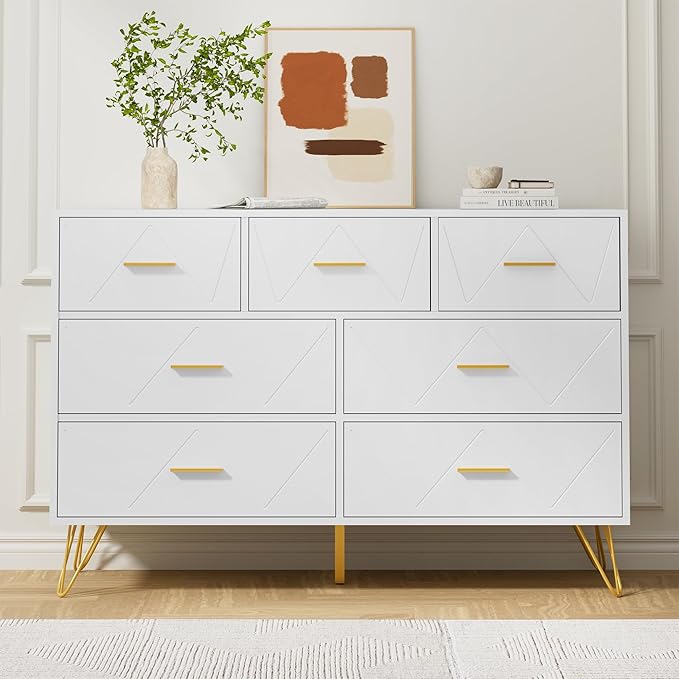 White Dresser for Bedroom, 7 Drawer Dresser with Golden Handles, Wood Modern Chest for Hallway, Entryway