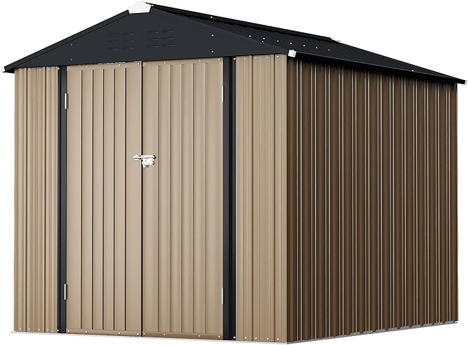 GUNJI 6 x 4 FT Shed Outdoor Storage Shed Metal Garden Shed with Lockable Door Outside Waterproof Tool Shed for Backyard, Patio, Lawn (Brown)