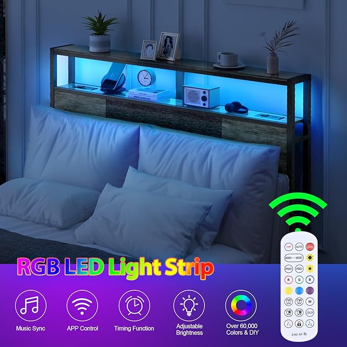 Headboard Full Size, Headboards with Charging Station, USB Port and LED Light, Head Board with 2-Tier Storage Shelf, Adjustable Height, Easy Assembly, Sturdy and Stable, Black