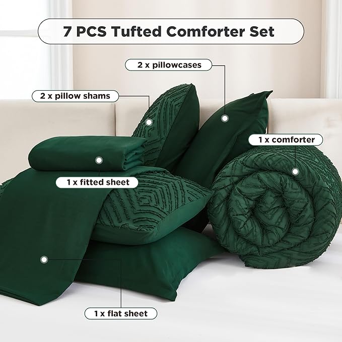 Andency Full Size Comforter Set with Sheets Dark Emerald Green - 7 Pieces Bed in a Bag Tufted Bedding Sets Fluffy Lightweight Full Bed Set with Comforter, Sheets, Pillowcases & Shams for All Season