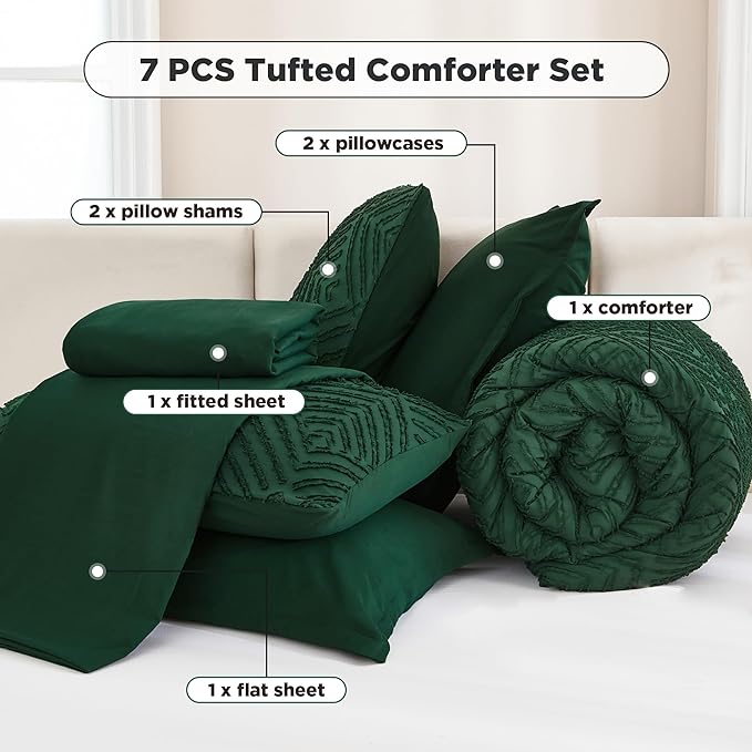 Andency King Size Comforter Set 7 Pieces Dark Emerald Green - Bed in a Bag King Boho Lightweight Fluffy Tufted Bedding Sets with Quilt Comforter, Sheets, Pillowcases & Shams