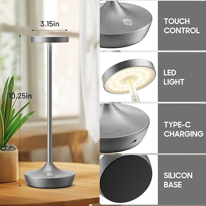 Cordless Table Lamp, Rechargeable Battery Operated LED Desk Lamp, 3-Color Stepless Dimming, Portable & Waterproof, for Restaurants, Bedrooms, Bars, Outdoor Parties, Camping, and Cafes (Gray)