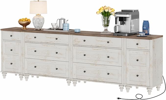 WAMPAT Farmhouse TV Stand for 100 Inch TV, 3-in-1 TV Console Table with 8 Drawers and 2 Storages, Entertainment Center, Nightstands with Charging Station for Living Room, Rustic White