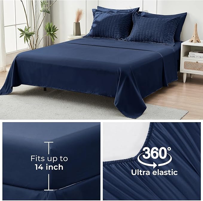 HYMOKEGE Navy Blue California King Comforter Set Seersucker 7 Pieces, All Season Luxury Bed in a Bag for Bedroom, Bedding Set with Comforters, Sheets, Pillowcases & Shams