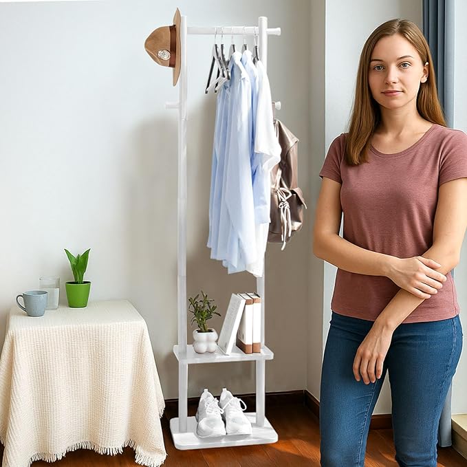 Wooden Coat Rack Stand,Heavy Duty Garment Rack with Shelves,Freestanding Clothes Rack Organizer for Entryway Bedroom Living Room(White)