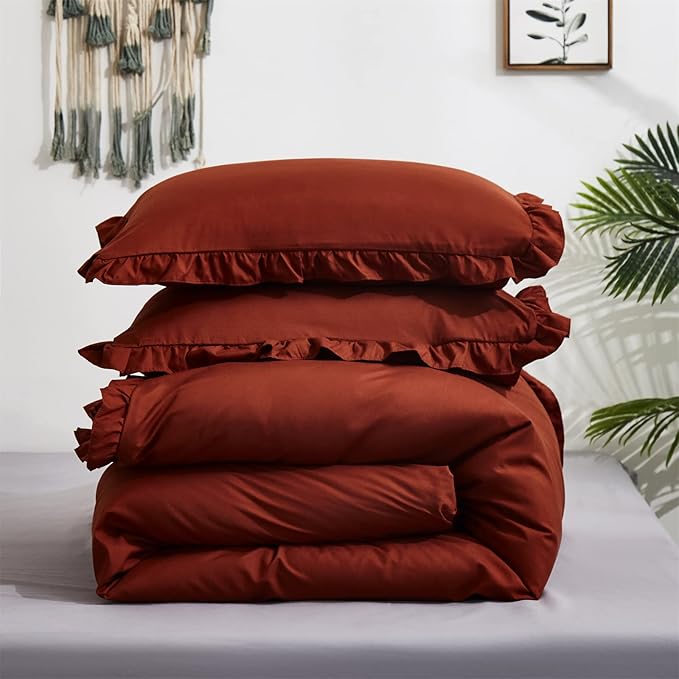 Luxlovery Ruffle Comforter Set King Burnt Orange Farmhouse Caramel Bedding Comforter Set Shabby Chic Rust Orange Solid Blanket Quilts Ruffled Reddish Caramel Bedding Set for Women Men