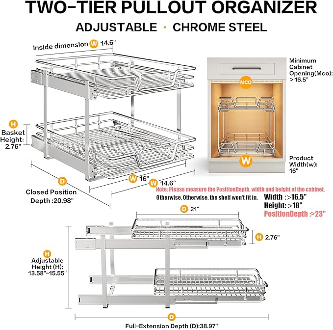 2-Tier Kitchen Cabinet Pull Out Shelf and Drawer Organizer Slide Out Pantry Storaqe Basket in Multiple Sizes (16" W x 21" D)