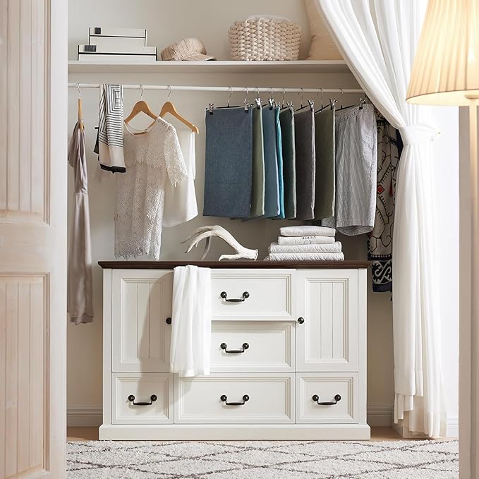 Farmhouse 5 Drawers Dresser for Bedroom, Wood Rustic Storage Organizer Closet Chest, Chest of Drawers w/Groove Barn Door&Shelf for Closet, Living Room, Dining Room, Hallway-White