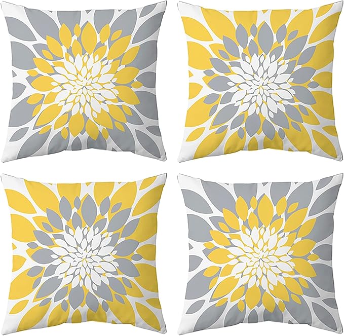 Qahing Pack of 4 Fall Outdoor Waterproof Pillow Covers 16x16 Decorative Outdoor Throw Pillows Garden Square Cushion Cases for Patio Furniture, Couch, Tent Sunbrella, Bench, Mustard Yellow Grey