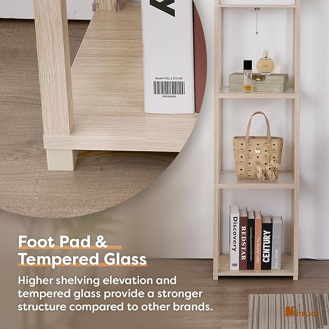 Floor Lamp with Shelves, Modern Standing Lamp with Tempered Glass, Large Display Shelf Lamp, Tall Lamps with Shelves for Living Room, Bedroom, Office, Ashen Oak