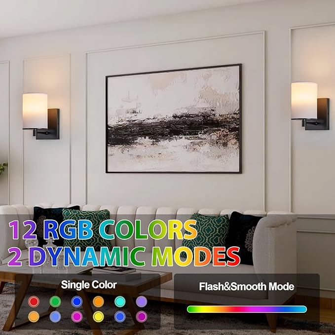 TERLEENART Battery Operated Wall Sconce Set of Two,13 RGB Colors Dimmable Rechargeable Wall Sconces with Remote Control,Wall Lights with Cylinder White Fabric Shade for Bedroom Living Room