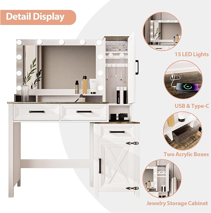 Farmhouse Makeup Vanity, Vanity Desk with Square Mirror, Tricolor Lighting Adjustment & Built-in Charging Station, Multi-Functional Wood Vanity with 2 Drawers & Open Storage Space, White