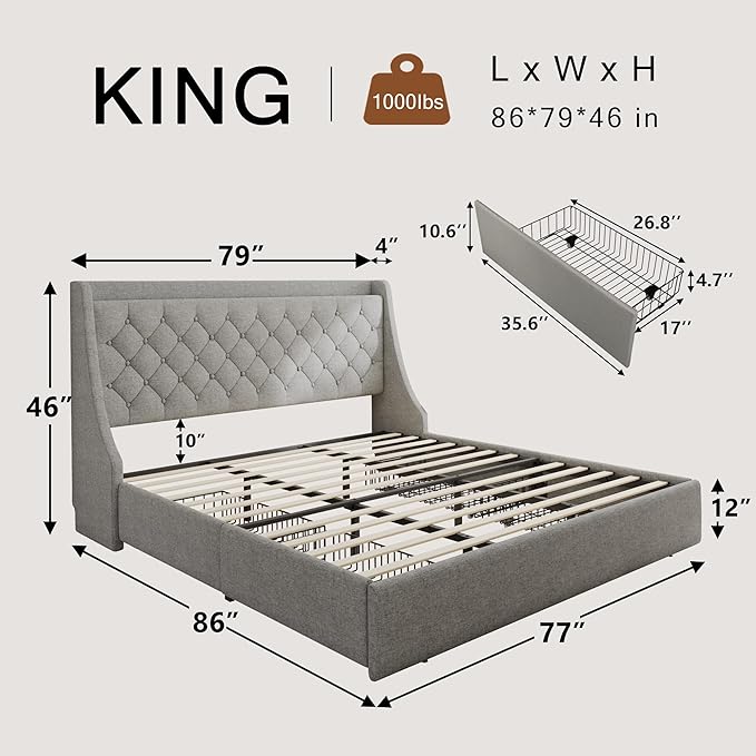 Upholstered King Size Bed Frame with 4 Storage Drawers, Modern Platform Bed with Wingback Headboard, Charging Station, No Box Spring Needed, Light Grey