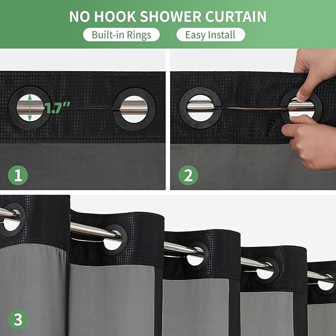 Stall No Hook Shower Curtain with Snap-in Fabric Liner Set,Waffle Weave Shower Curtains for Bathroom,Hotel Luxury Decor Bathroom Curtain Set,Waterproof & Washable,Black,54Wx80H