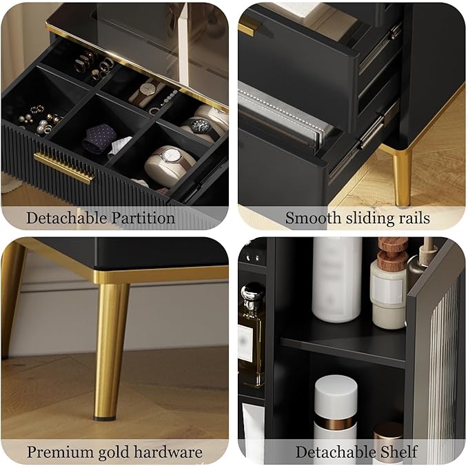 47.24" Big Modern Vanity Desk with Mirror and Lights, Vanity Desk with 29.53" HD Lighted Mirror, Makeup Vanity with 5 Drawers and Storage Shelves and Charging Station, Black2