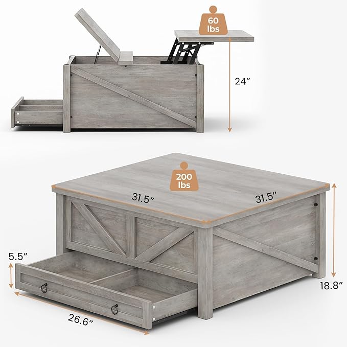 Itaar Wooden Coffee Table, Lift Top Coffee Table with Storage, Square Coffee Tables with Drawers and Hidden Compartment, Center Table for Living Room, Home Office, Grey