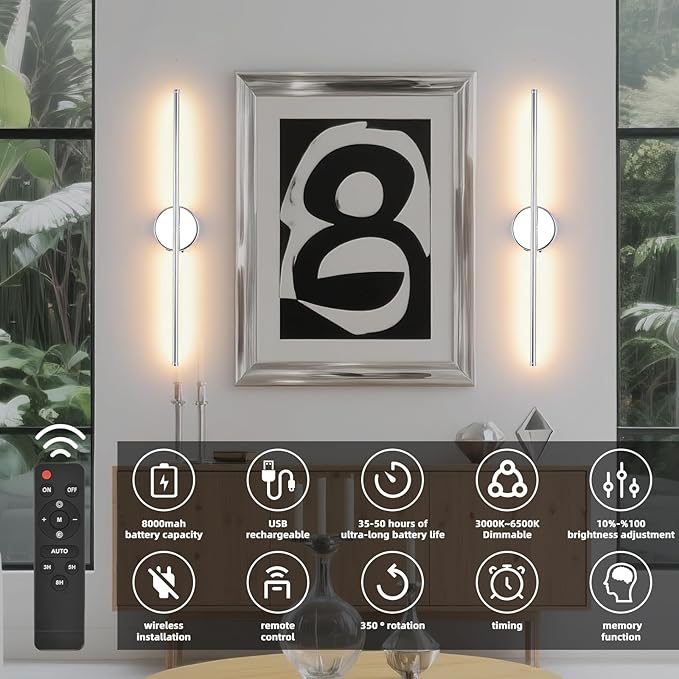 Battery Operated Wall Sconce Set of 2, Chrome 27.5" LED USB Rechargeable dimmable Wall Sconce with Remote Control, Rotate 350° for Living Room, Bedroom, Hallway and scones Lighting