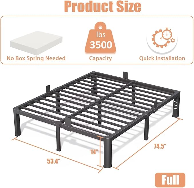 14 Inch Full Bed Frame with Rounded Corner and Headboard Hole Mattress Retainers 3500 lbs Heavy Duty Support Metal Platform Bed Frame Noise Free No Box Spring Needed Easy Assembly