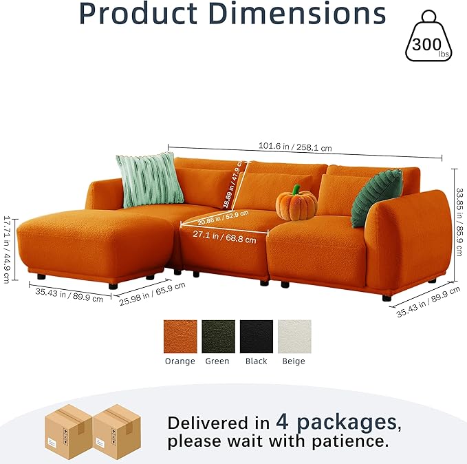 Sectional Sofa Couch, Modern Convertible U Shaped Sectional Couch with Ottoman, Modular Sectional Sofa Cloud Couches for Living Room (Orange, 4 Set + 2 Ottoman)
