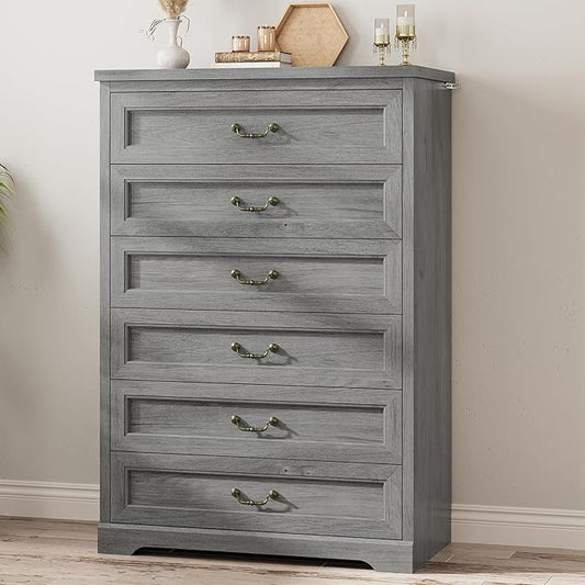 DICTAC Farmhouse 6 Drawers Dresser for Bedroom,51.2" Tall Rustic Wood Chest of Drawers,Large Storage Chest with Vintage Metal Handles, White Dresser for Bedroom,Closet,Hallway,Oak Grey