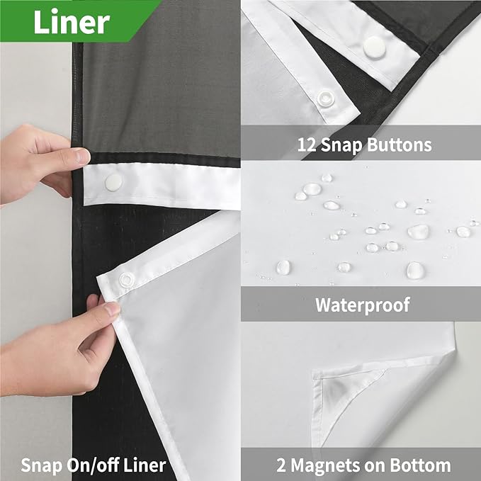 No Hooks Needed Linen Textured Shower Curtain with Snap-in Fabric Liner Set,Black Hotel Luxury Decor Shower Curtains for Bathroom,Waterproof & Washable,71Wx77H