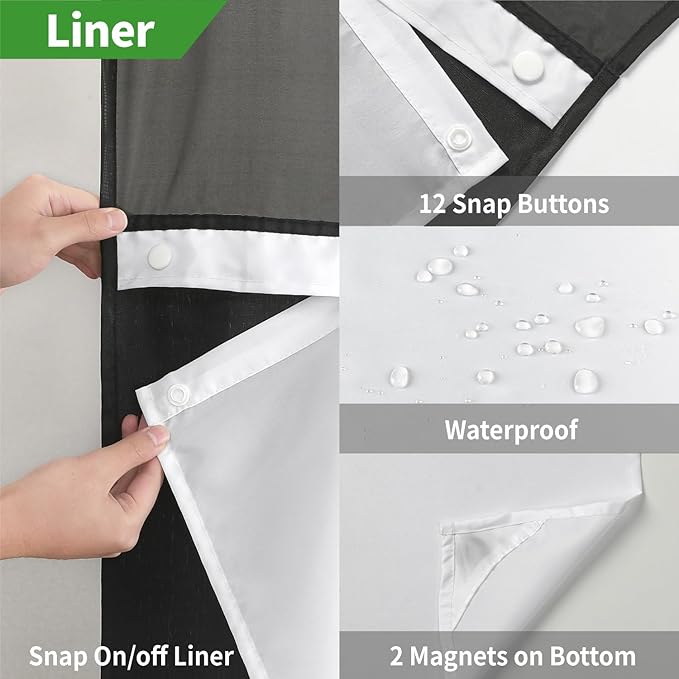 Long No Hooks Needed Linen Textured Shower Curtain with Snap-in Fabric Liner Set,Black Hotel Luxury Decor Shower Curtains for Bathroom,Waterproof & Washable,71Wx80H