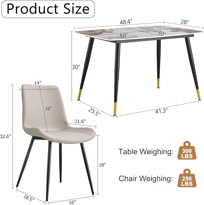 Granite Modern Dining Table Set for 4, 50" Sintered Stone Kitchen Table and 4 Upholstered PU Leather Chairs (1 Marble Table and Gray Chairs Set of 4)