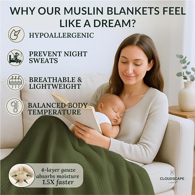 Extra Large 4 Layer Muslin Throw Blanket, 100% Cotton Blanket for Couch, Bed,Sofa, Home Decor,Pre-Washed Gauze, Best Summer Blanket, 50x70, Olive Green