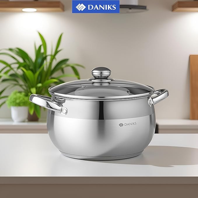 Daniks Classic Stainless Steel Stock Pot with Glass Lid – Induction 6 Quart, Dishwasher Safe, Measuring Scale, For Soup, Pasta, Stew, Silver