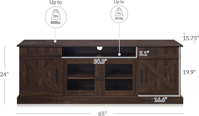 BELLEZE 65 Inch Modern Farmhouse Industrial Style Entertainment TV Stand for TVs Up to 70 Inches, Versatile Media Cabinet with Shelves and Storage - Veropeso (Espresso)