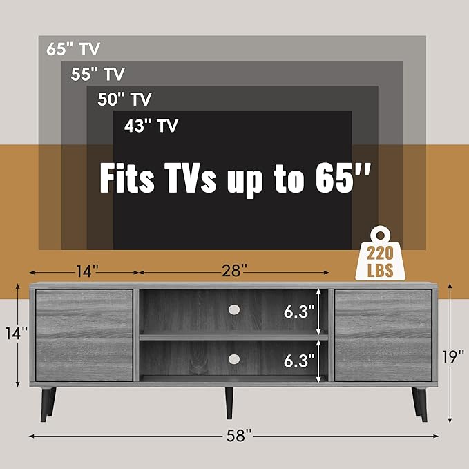 Flamaker Mid Century Modern TV Stand for 65 inch TV, Entertainment Center with Storage, Media Console with Sturdy Legs, Push-to-Open Cabinets, Wooden Living Room Furniture, Bright Gray