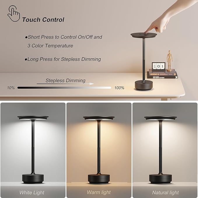 Cordless Rechargeable Table Lamps, Portable 5000mAh Restaurant Table Lamp, 3 Color Stepless Dimming LED Table Light with Memory Function, for Outdoor/Dinner/Patio/Camping.(Black)