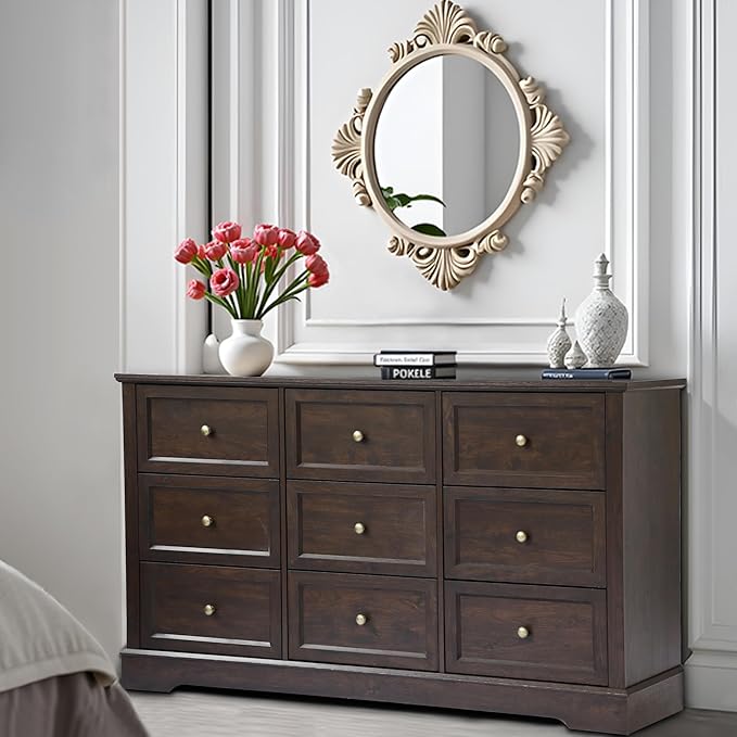 Farmhouse Dresser 9 Drawer, Bedroom Chest of Drawers, Dressers with 9 Drawers, Wooden Dressers for Bedroom, Living Room, Tv Stand, Entryway (Brown-9 Drawers)