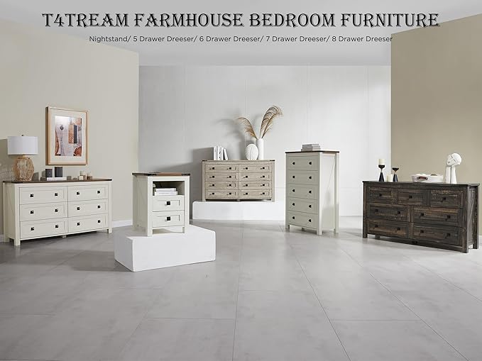 T4TREAM Farmhouse 8 Drawers Dresser for Bedroom, Rustic Wood Wide Double Dresser TV Stand for Living Room, Hallway, Antique White
