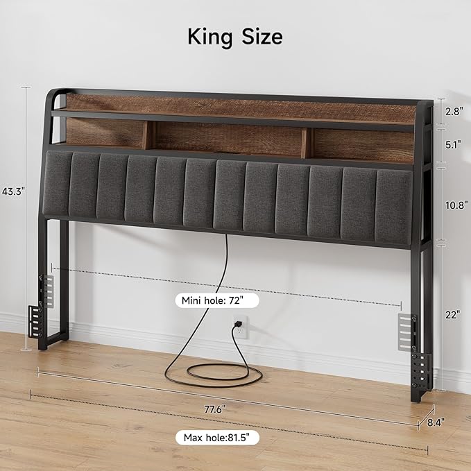 Ergonomic Headboard for King Size Bed with 2-Tier Storage, Upholstered Headboards with Outlets, USB Ports, LED Light, King Head Board Only, Height Adjustable, Sturdy and Stable, Black & Brown
