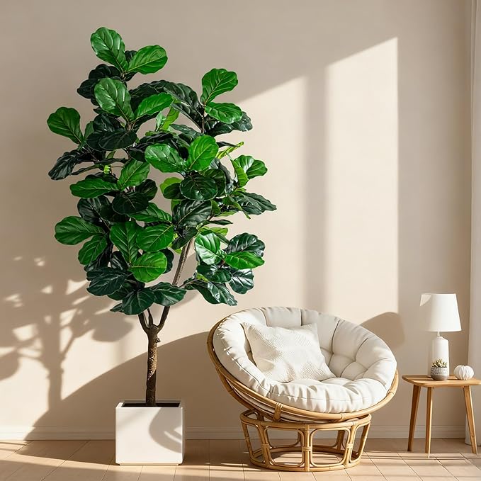 Artificial Fiddle Leaf Fig Tree 7ft with White Planter Realistic Fiddle Leaf Lyrata Plant Tall Fake Tree with Natural-Looking Leaves Fake Tree for Indoor Outdoor Home Office Decor