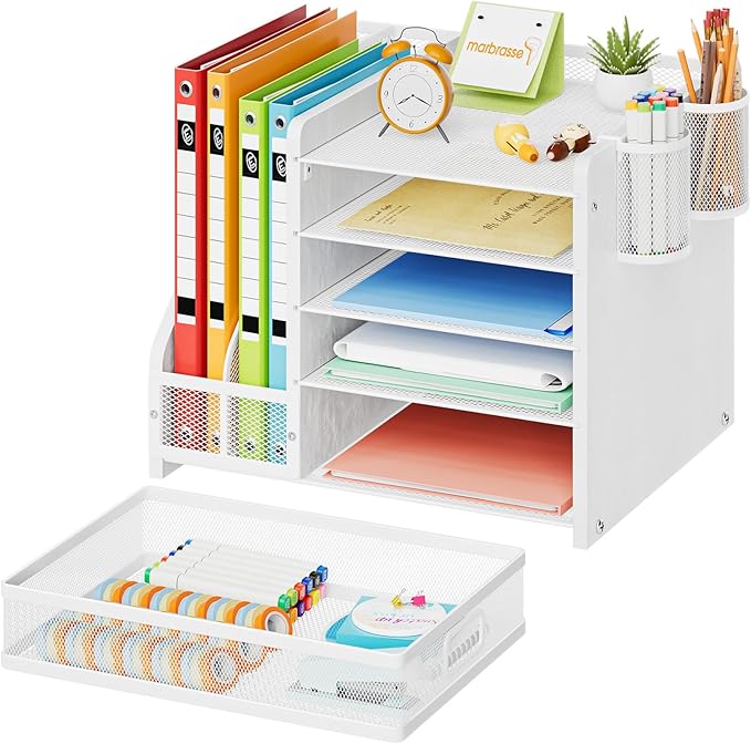Marbrasse Desk Organizer with File Holder, 5-Tier Paper Letter Tray Organizer with Drawer and 2 Pen Holder, Mesh Desktop Organizer and Storage with Magazine Holder for Office Supplies (Wood-White)