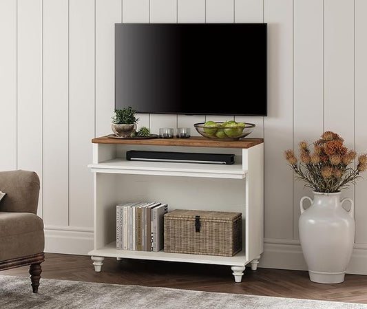 WAMPAT TV Stand for 43 Inch TV, Small Media Console Table Storage Cabinet for Living Room, Wood End Table with Storage Shelf, White
